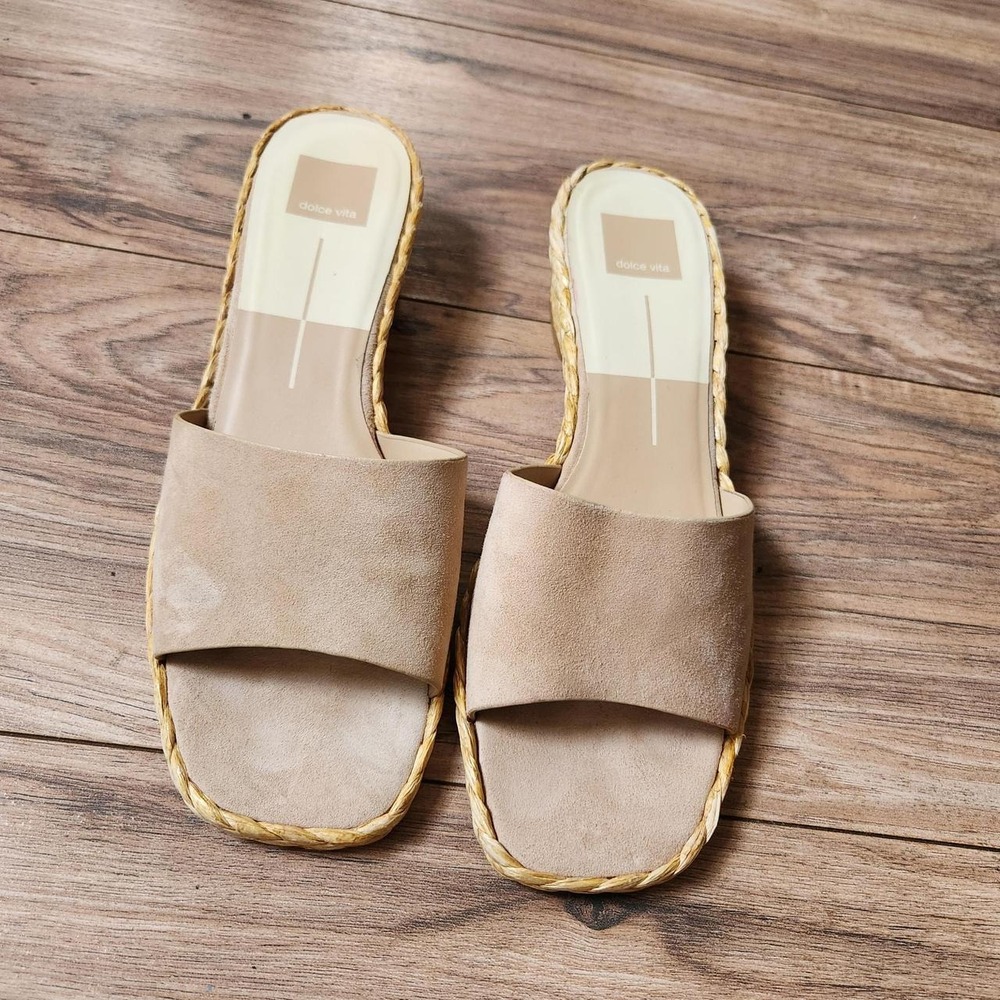 Dolce Vita Beige Suede Raffia Platform Slide Sandals Square Toe